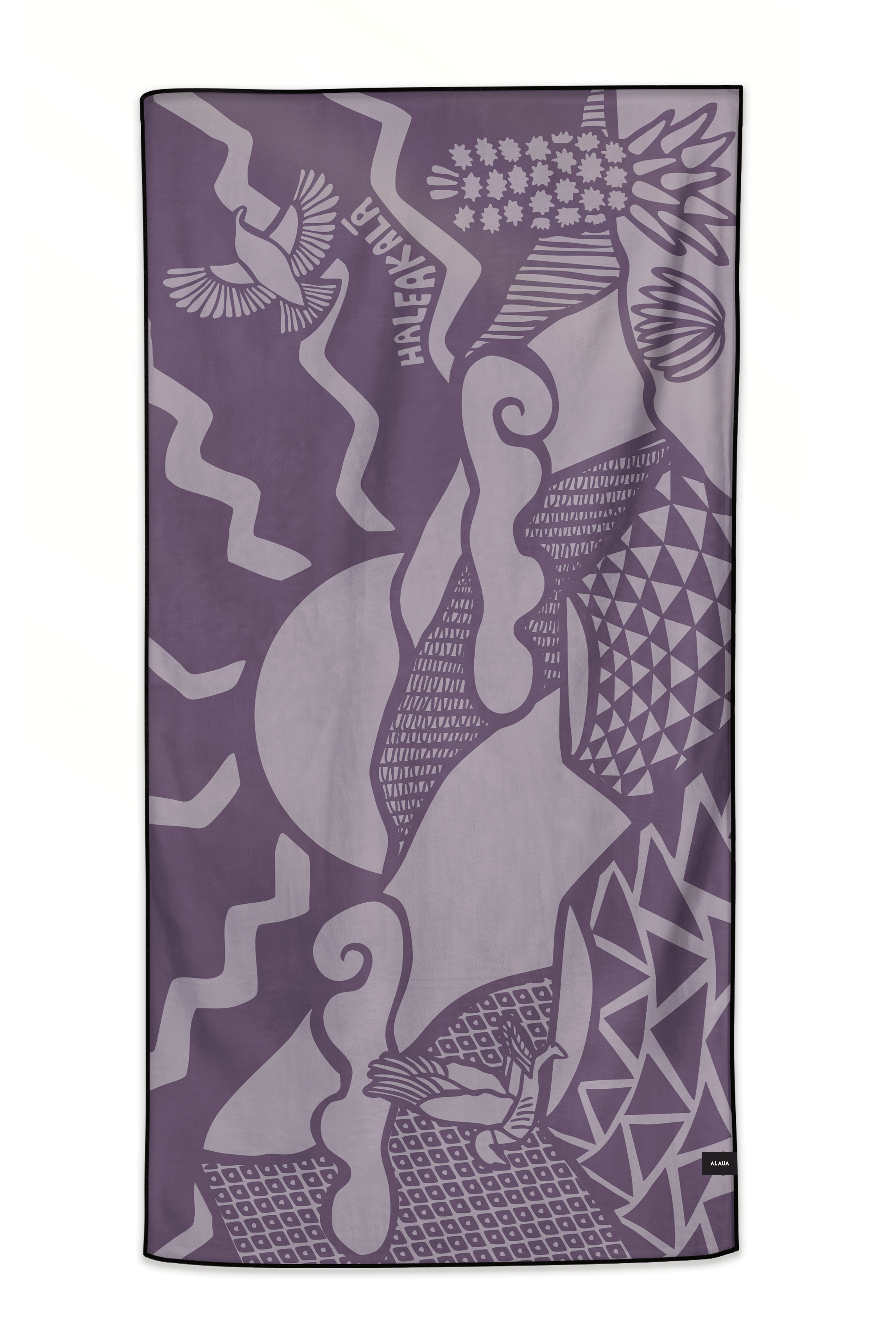 Haleakala Purple towel with kapa pattern, iconic sunrise, cinder cones, and rare endemic life like the nēnē goose, ʻiʻiwi bird and silversword