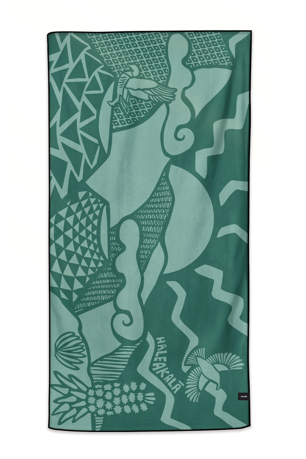 Haleakala Green towel with kapa pattern, iconic sunrise, cinder cones, and rare endemic life like the nēnē goose, ʻiʻiwi bird and silversword