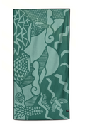 Haleakala Green towel with kapa pattern, iconic sunrise, cinder cones, and rare endemic life like the nēnē goose, ʻiʻiwi bird and silversword